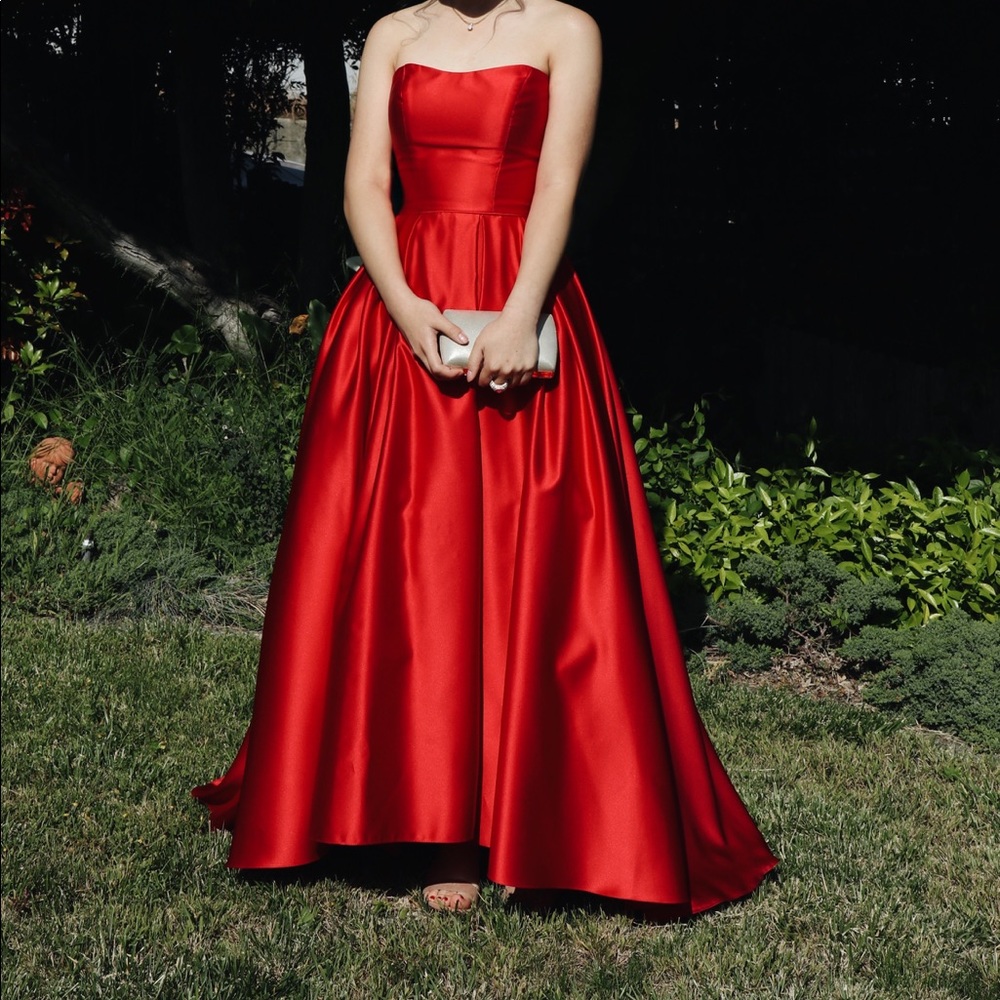 red strapless satin gown